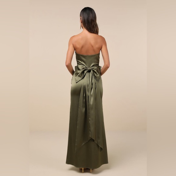 Absolutely Poised Olive Green Satin Strapless Bow Maxi Dress - Picture 2 of 2